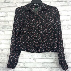Wild Fable Women’s Black Floral Semi-Sheer Long Sleeve Button Down Crop Top